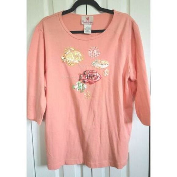 Quacker‎ Factory Large 3/4 Sleeve Beaded Embellished Fish Coral Orange T-Shirt - Picture 1 of 6